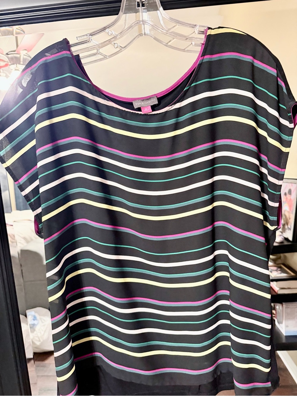 Vince Camuto Black Multicolor Horizontal Stripe Short-Sleeve Blouse